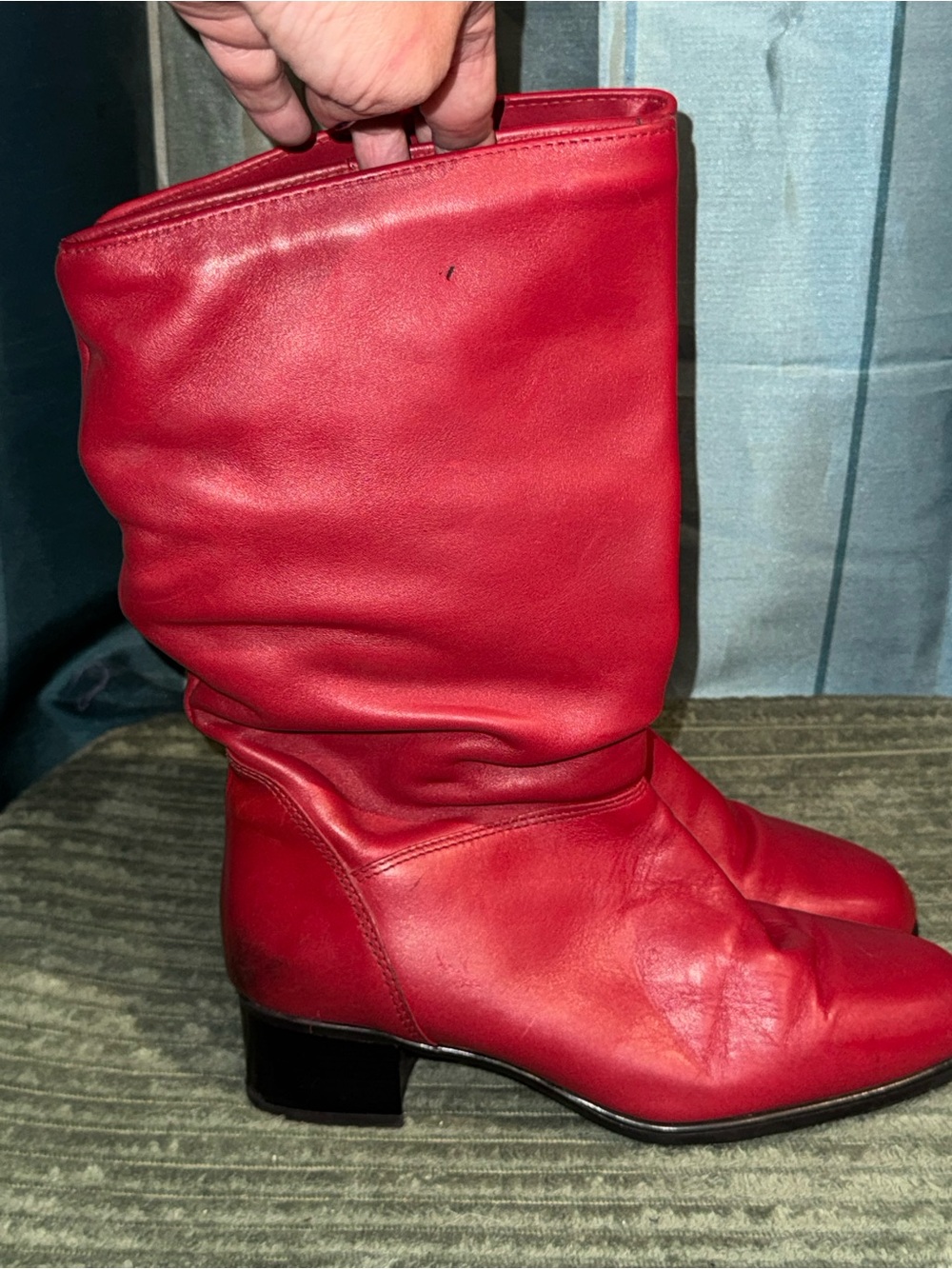 Detail  Bright Red Leather Mid-Calf Heeled Boots